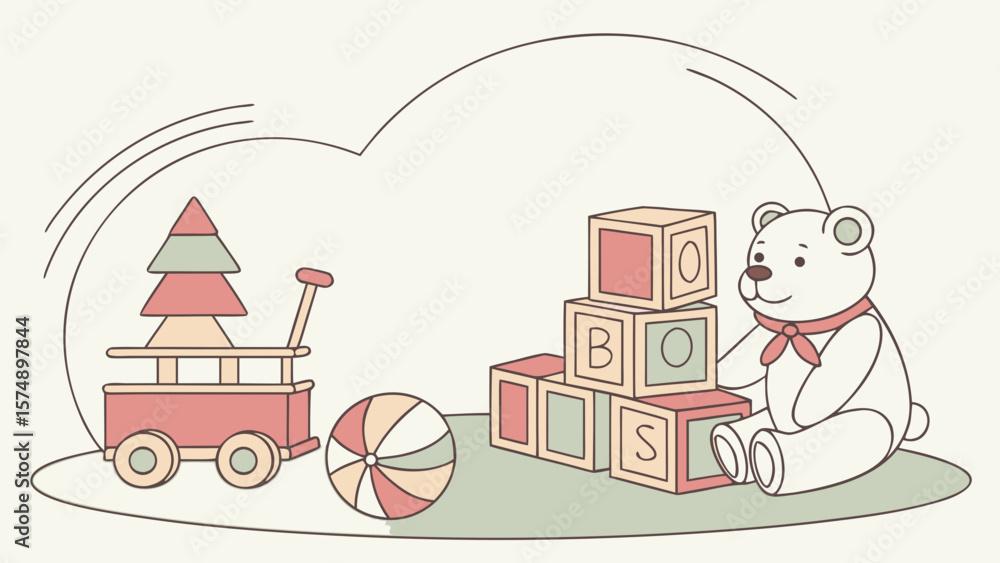 Naklejka premium Illustration of a teddy bear blocks wagon and ball in a nursery setting with a soft color palette
