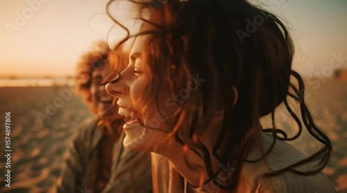 Joyful Beach Sunset: A woman with windswept hair laughs with infectious joy as the sun dips below the horizon, painting the sky with vibrant hues, as another person smile and laugh together.