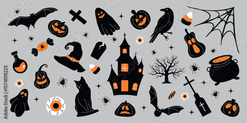 Halloween Icons Flat Silhouette set with Spooky Festive symbols elements. Collection Stickers Scary Holiday October 31. Vector Illustration Halloween Сastle, Pumpkin, Witch Hat, Spider Web, Bat, Cat.