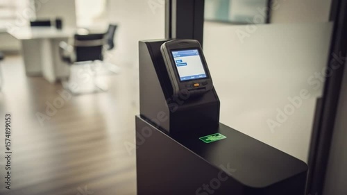 Office Access: Man Swiping ID Card at Security Terminal for Entry Verification