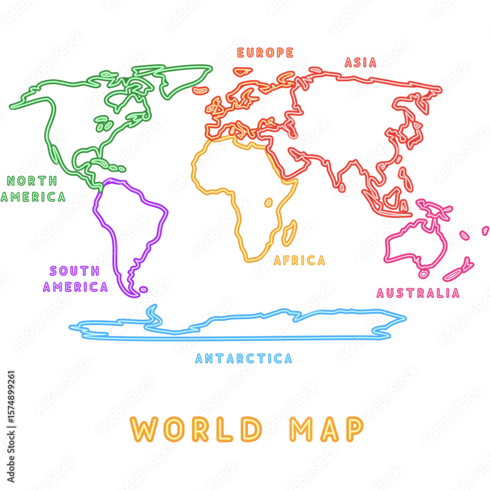 Naklejka premium World Map Neon Continents with Text. Vector Glowing Art Illustration of Geographical Shape. Geography and Cartography. Led Lamp Object.