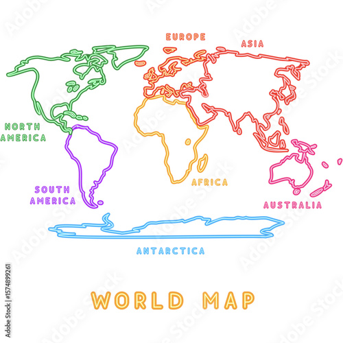 World Map Neon Continents with Text. Vector Glowing Art Illustration of Geographical Shape. Geography and Cartography. Led Lamp Object.