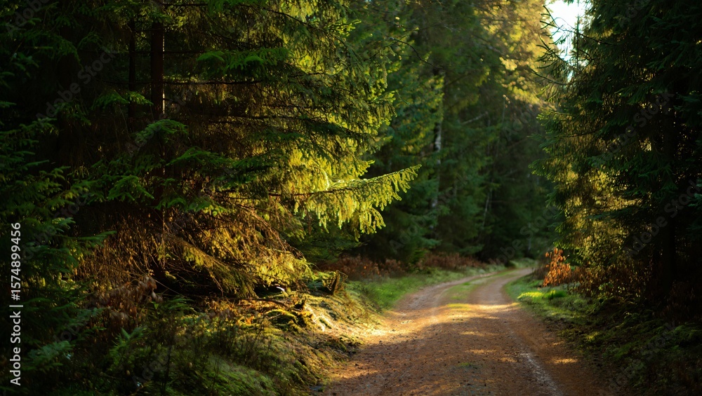 Obraz premium Sunlight filters through dense evergreen trees onto a winding dirt path in a tranquil forest setting