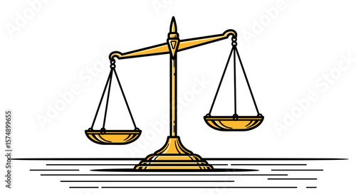 Gold balance scale on a flat surface in black and white with color accents