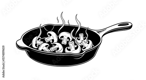 Mushrooms frying in a skillet with steam in black and white