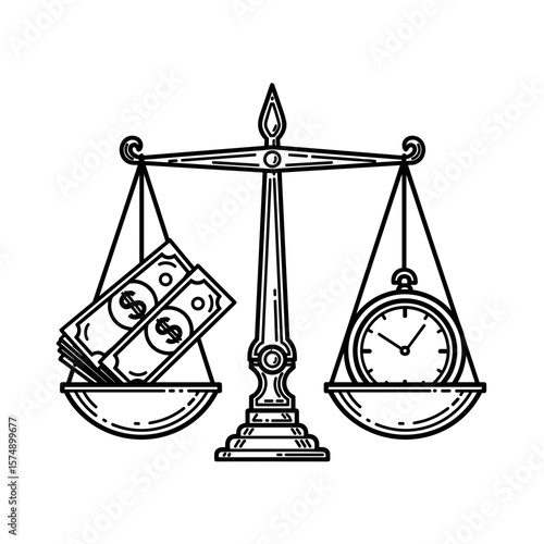 Scales balancing money and a clock representing the value of time and money in a detailed illustration