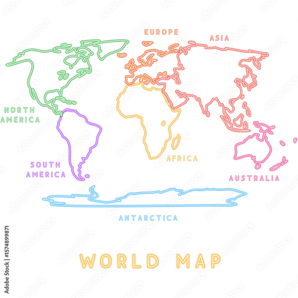 Naklejka premium World Map Neon Continents with Text. Glowing Art Illustration of Geographical Shape. Geography and Cartography. Led Lamp Object.