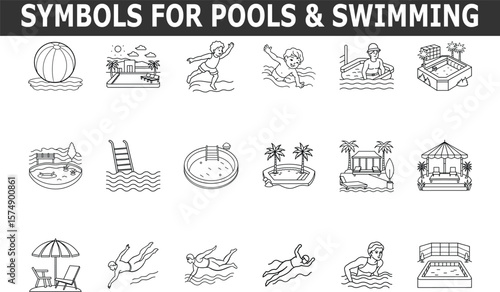 Pool swimming symbols including beach ball swimming people pool scenes water