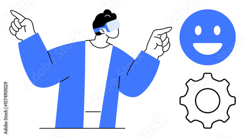 Man wearing VR headset pointing up. Nearby are happy emotive and gear symbols. Ideal for innovation, technology, virtual engagement, creativity, user experience, gamification, simple landing page