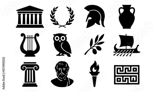 Ancient greek icons collection featuring cultural and historical symbols in silhouette style