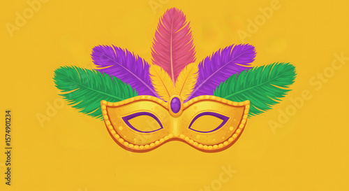 Golden mardi gras masquerade mask with colorful feathers isolated on transparent background