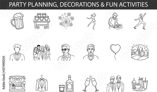 Party icons including beer mug, fireworks, dancing, D J, wedding guests, champagne