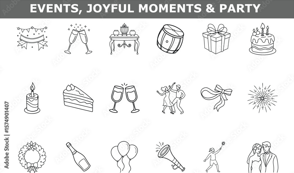 Obraz premium Line art celebration icons including cake champagne balloons gift dancing couple