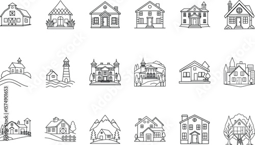 Line art houses buildings collection including barns, mansions, treehouses home homes