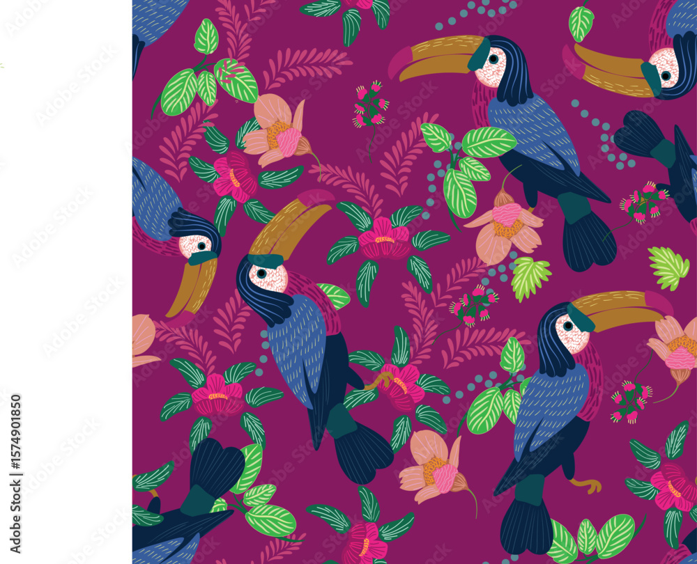 prints foliage, flowers and toucans
