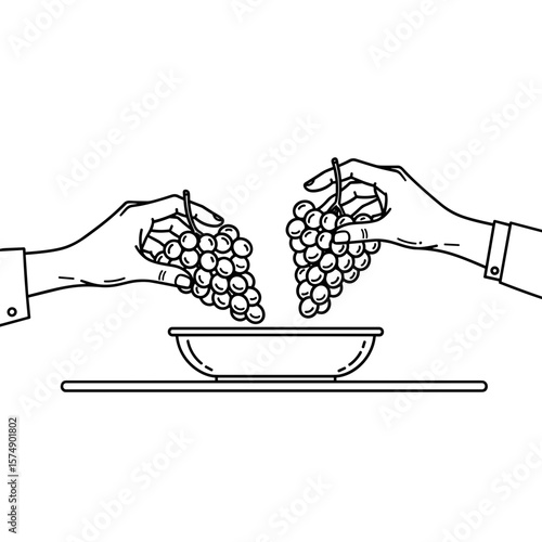 Hands holding bunches of grapes above a bowl in black and white