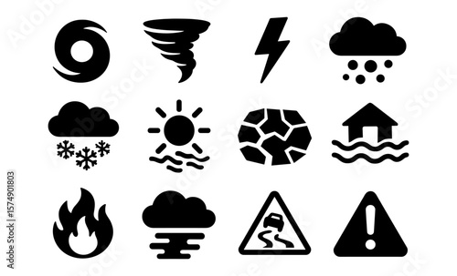 Weather and natural disaster icons in bold silhouette style