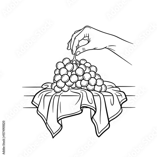 Hand placing bunch of grapes on cloth on table, black and white painting