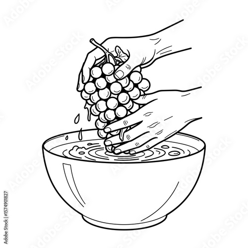Hands washing bunch of grapes in a bowl of water in black and white