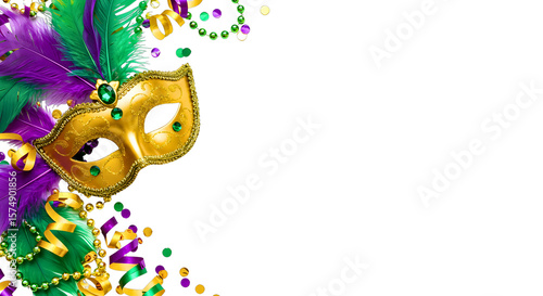 Mardi gras mask feathers beads confetti and ribbons isolated on transparent background
