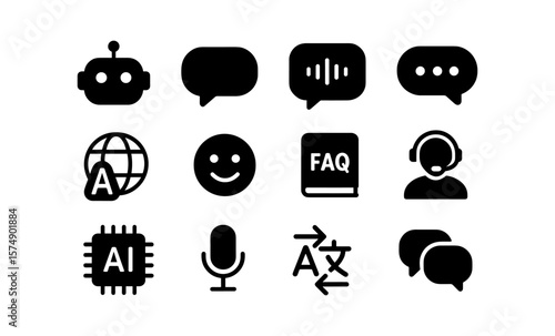 Chatbot and communication icons set featuring ai, faq, and translation symbols