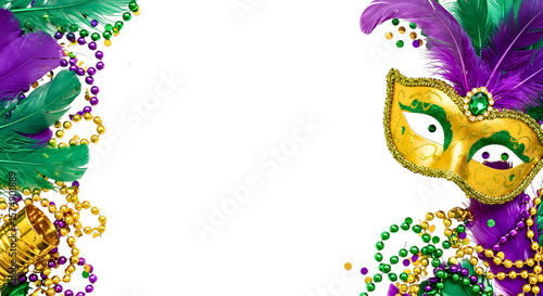 Mardi gras mask and beads border with feathers isolated on transparent background