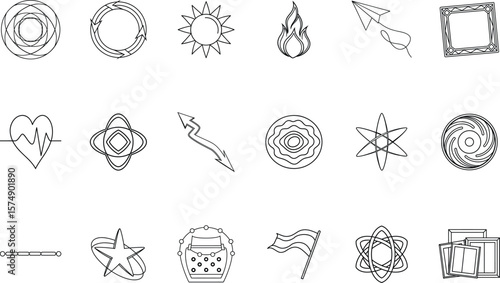 Line art graphic icons various shapes sun flame arrow heart star flag Bundle vector