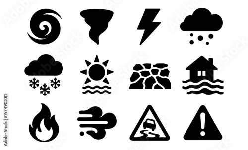 Weather and climate symbol set: natural disaster alert icons in black silhouette style