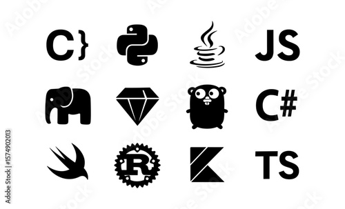 Popular programming language icons in modern black silhouette style