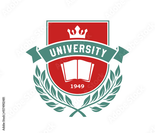 State university icon, classic emblem, school crest with an open book, laurel wreath, crown, and established date, symbolizing academic excellence, education, tradition and institutional prestige