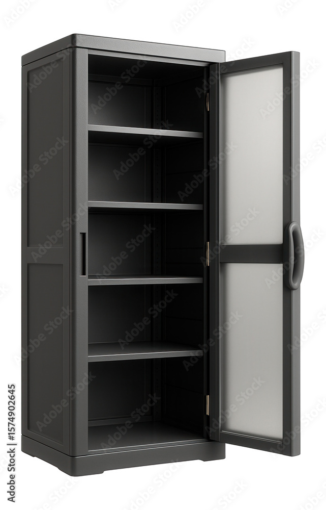 Small plastic cabinet with multiple shelves, suitable for keeping cleaning supplies on a balcony. Small plastic cabinet with multiple shelves, suitable for keeping cleaning supplies on a balcony.