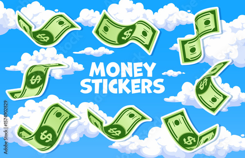 Flying cartoon dollar money banknotes stickers. Vector patches of bills on blue sky background with fluffy clouds, for finance, representing financial themes like wealth, economy, savings and currency