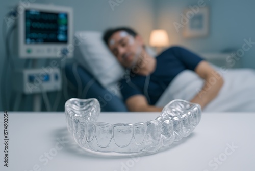 Patient undergoing sleep study, with dental splint nearby. Essential for clear aligner therapy.