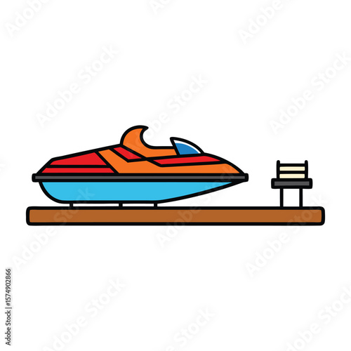A colorful jet ski parked on a wooden dock with a bench