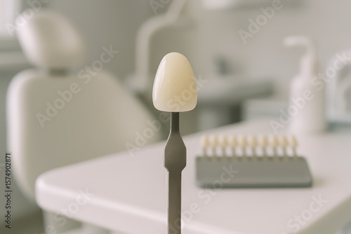 Dental shade guide for precise tooth color selection in a clinic setting. Perfect for cosmetic dentistry decisions.