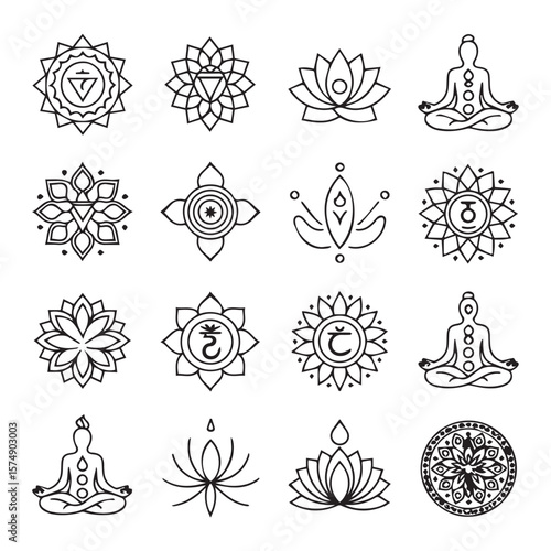 Collection of yoga and meditation symbols, including lotus flowers and meditating figures, isolated on white