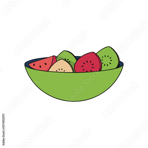 A bowl of fresh fruit slices including watermelon and kiwi