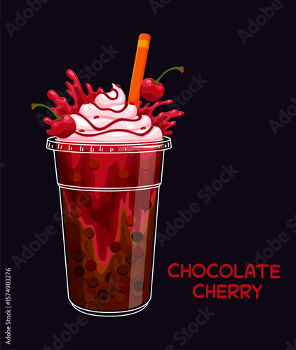 Cartoon chocolate cherry milk bubble tea glass with bright splashes and berries. Vector vibrant red fruit drink, sweet liquid beverage with tapioca boba pearls in transparent plastic cup with a straw
