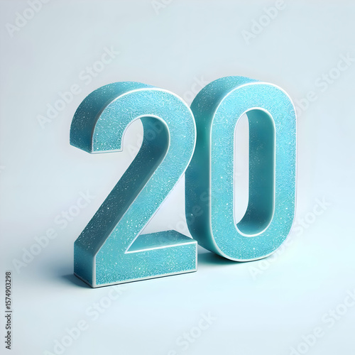 A 3D number 20 in bright turquoise with glittery finish and silver metallic edges, clean white background, photorealistic style