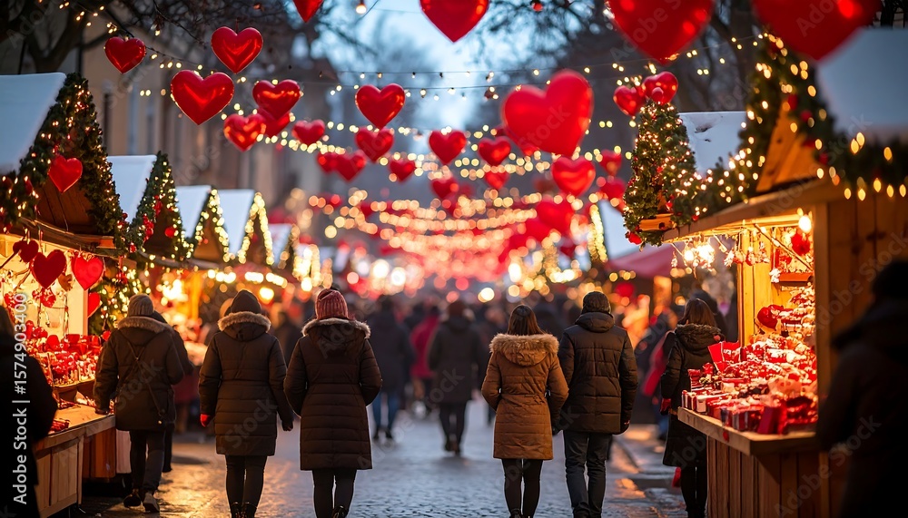 Naklejka premium Snowy Christmas market, festive crowds