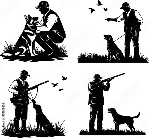 Hunter and Gundog Bird Hunting Silhouette Set - Vector Illustrations.