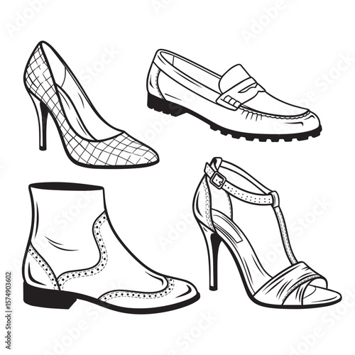 Collection of black and white fashion shoes and boots vector illustration