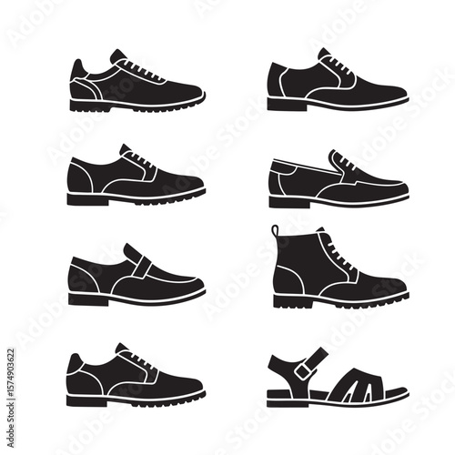 Collection of black and white silhouette icons representing different styles of mens footwear