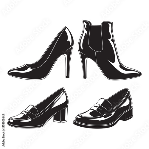 Collection of elegant womens footwear in black and white vector illustration
