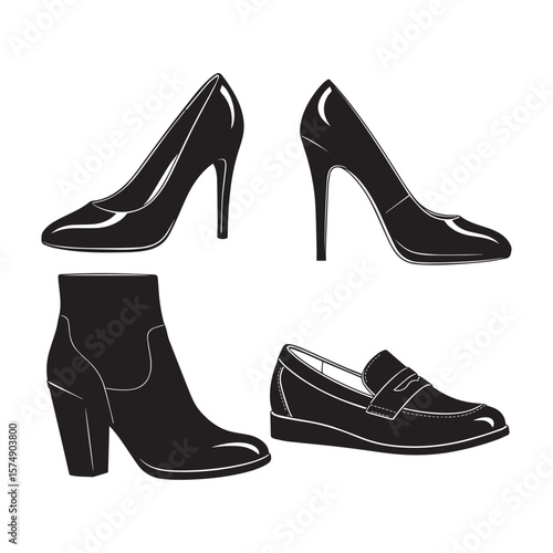 Collection of womens fashion footwear silhouettes including heels boots and loafers
