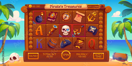 Online casino slot game with pirate elements. Cartoon vector corsair slot machine interface screen with treasure, skull, cannonball, gold, anchor, map, tricorn and compass on tropical beach background
