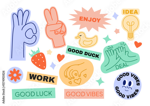 Groovy sticker pack. Trendy retro vintage badges. Comic hands. Patches. Smiling characters. Bundle. Rave icons. Happy elements. Psychedelic. Stamps. Nostalgic emoji