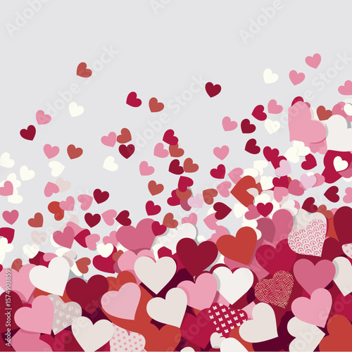 Heart-shaped confetti in pink red and white on white background – Ideal for romantic, Valentine’s Day, and love-themed content