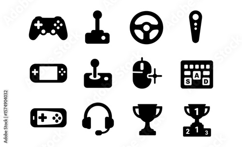 Gaming icon set featuring controllers, headset, and trophies in bold silhouette style
