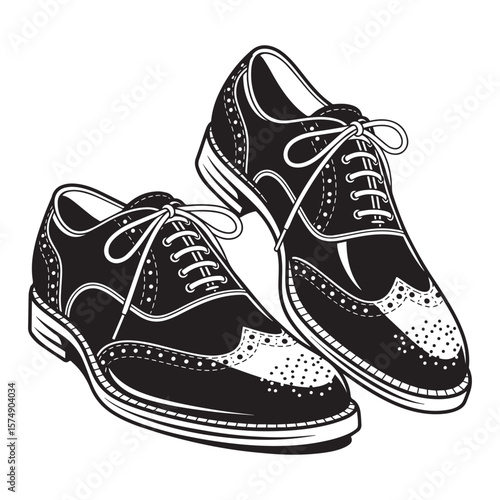 Elegant pair of wingtip oxford shoes classic footwear black and white illustration